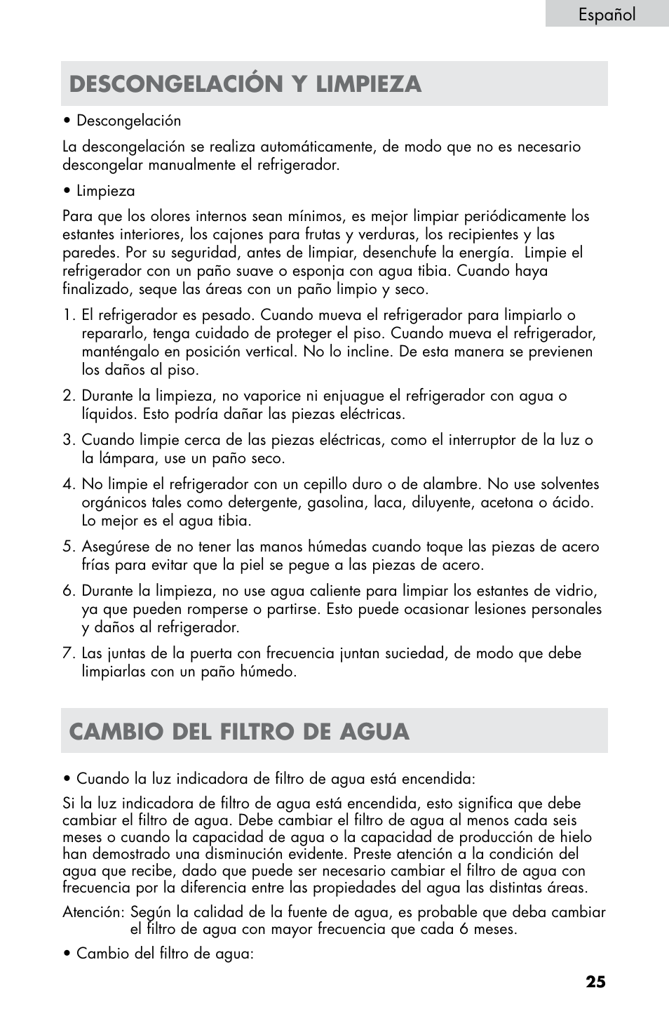 Descongelación y limpieza, Cambio del filtro de agua | haier HB21FC75 User Manual | Page 98 / 112