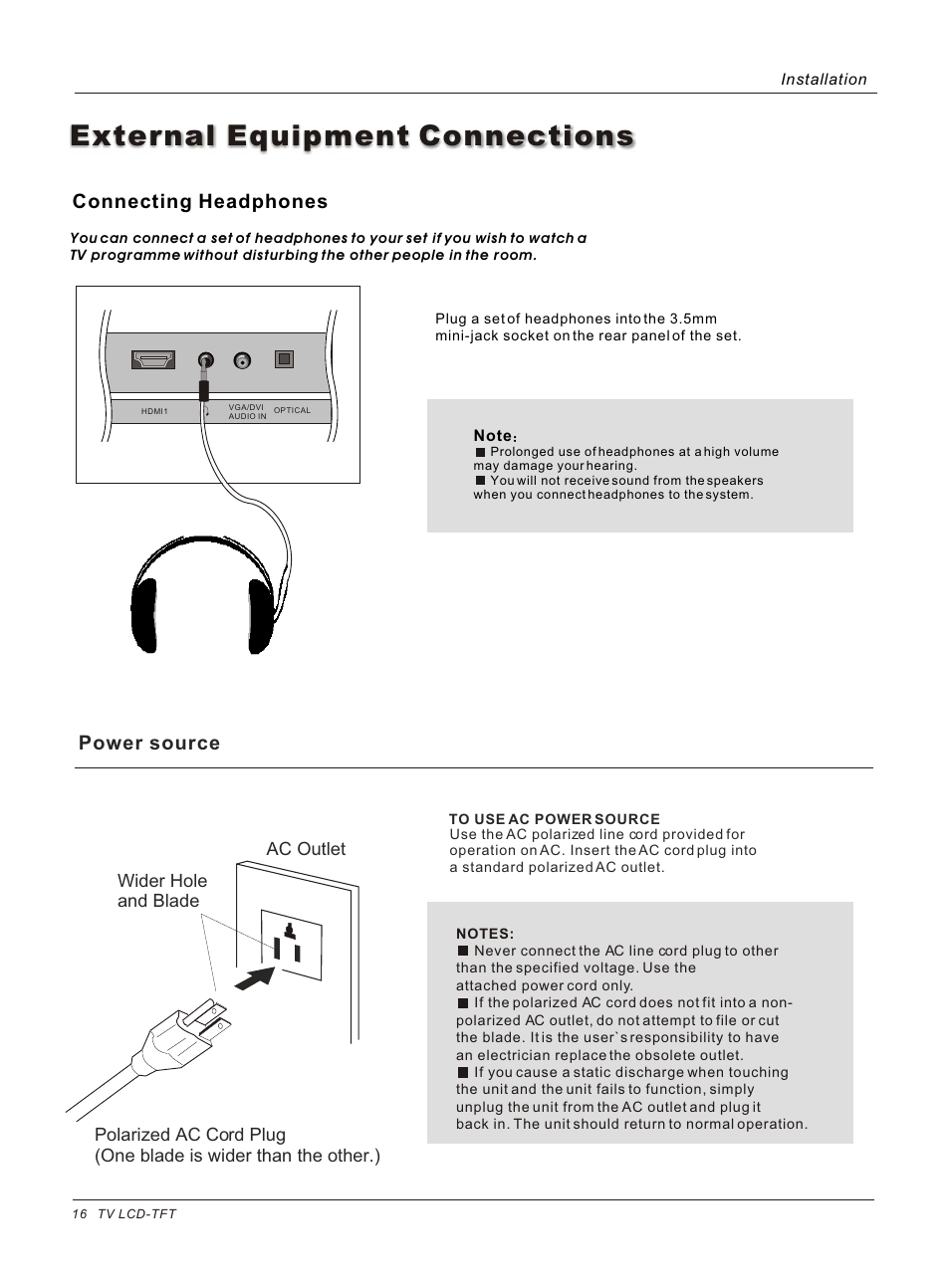 External equipment connections, Power source, Connecting headphones | haier HLC26 User Manual | Page 16 / 47