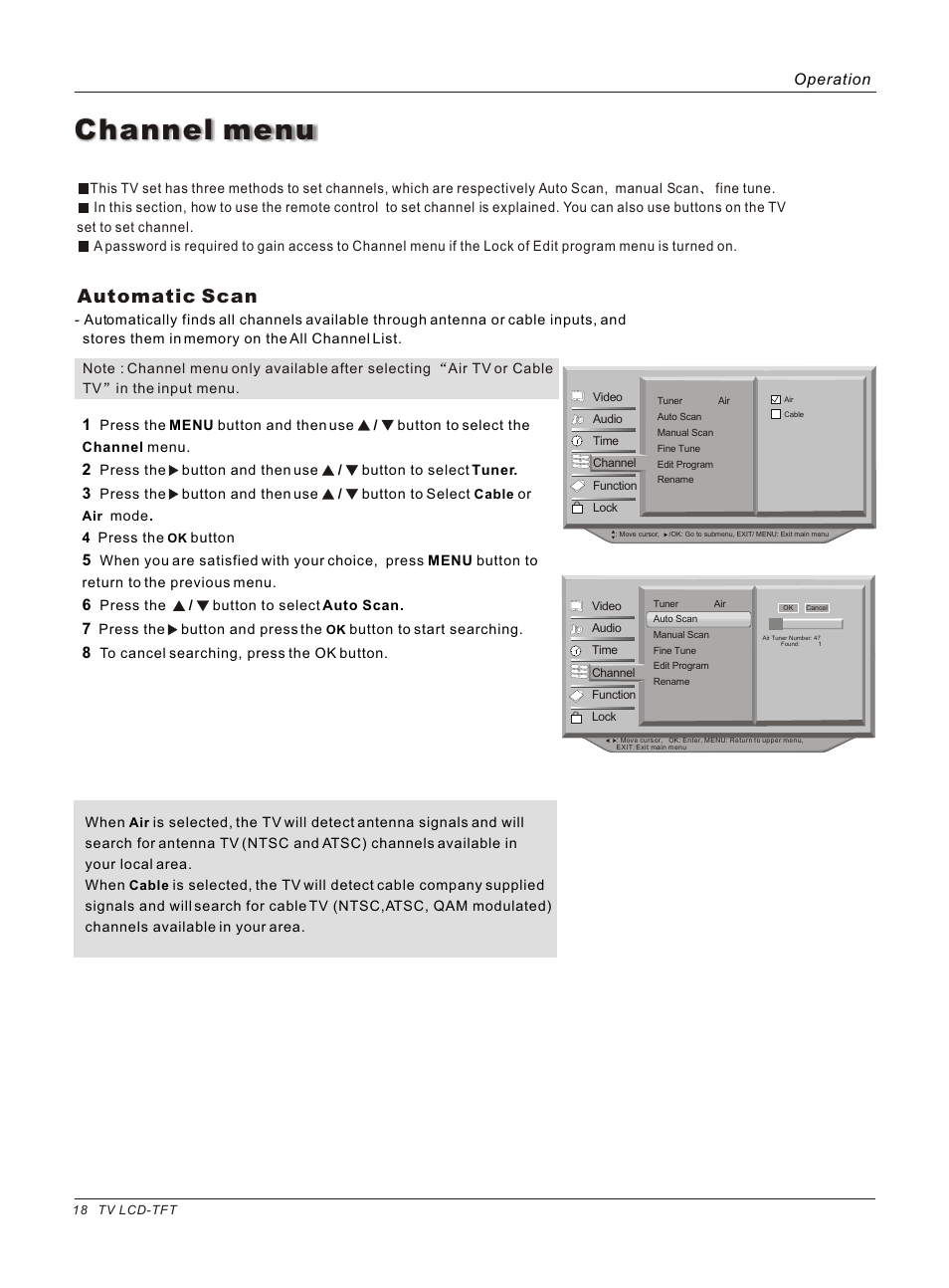 Channel menu, Automatic scan, Operation | haier HLC26 User Manual | Page 18 / 47