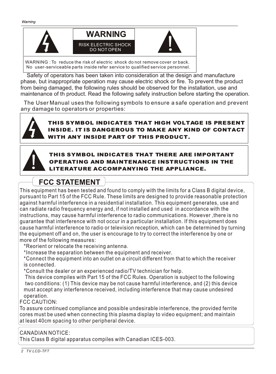 Warning, Fcc statement | haier HLC26 User Manual | Page 2 / 47
