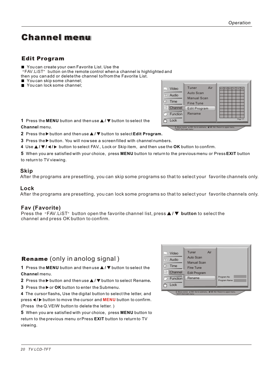 Channel menu, Only in anolog signal ), Edit program | Skip, Rename, Lock, Fav (favorite), Press the fav.list, Operation | haier HLC26 User Manual | Page 20 / 47