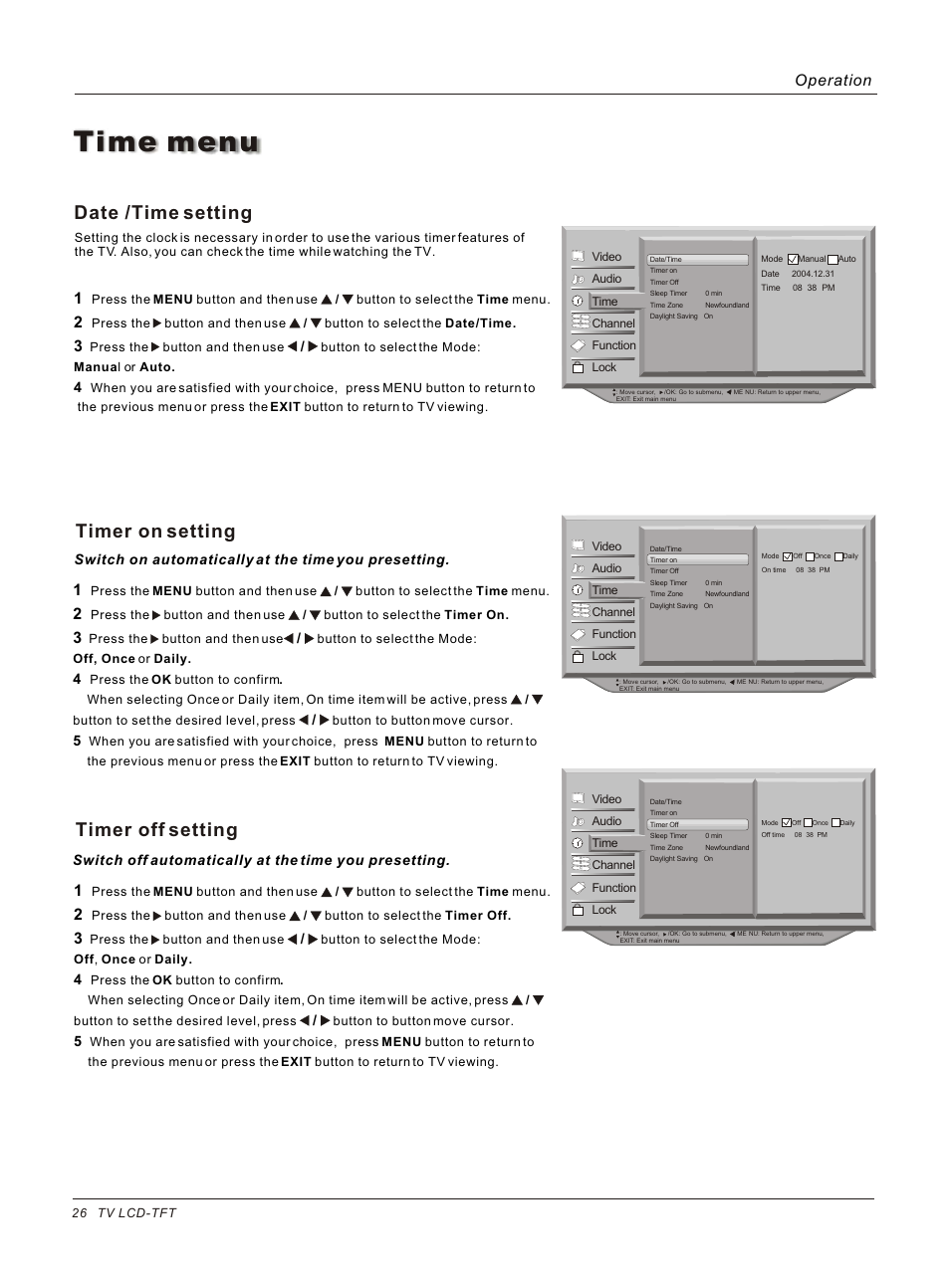 Time menu, Date /time setting, Timer on setting | Timer off setting, Operation | haier HLC26 User Manual | Page 26 / 47