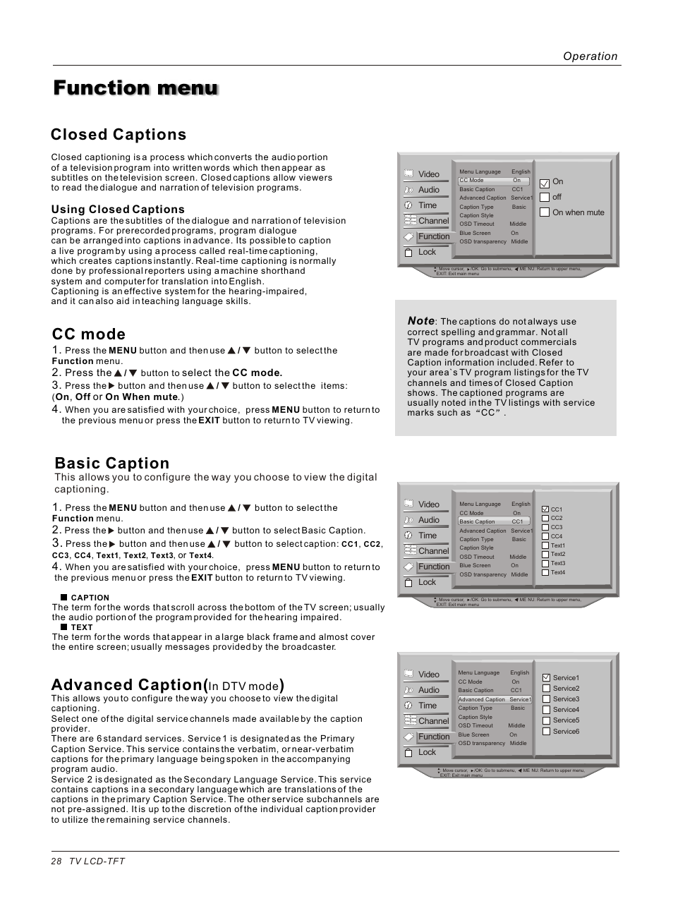 Function menu, Closed captions, Basic caption | Advanced caption, Cc mode, Using closed captions, Operation | haier HLC26 User Manual | Page 28 / 47