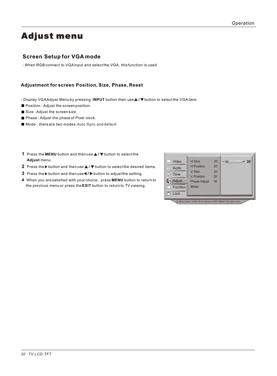 Adjust menu, Screen setup for vga mode | haier HLC26 User Manual | Page 30 / 47