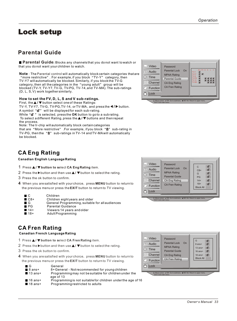 Lock setup, Parental guide ca eng rating ca fren rating, Parental guide | Operation | haier HLC26 User Manual | Page 33 / 47