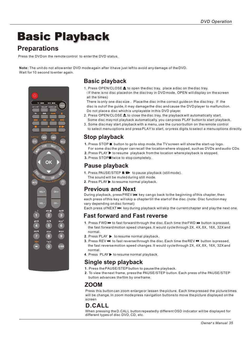 Basic playback, Preparations, Stop playback | Pause playback, Previous and next fast forward and fast reverse, Single step playback, Zoom d.call, Dvd operation | haier HLC26 User Manual | Page 35 / 47