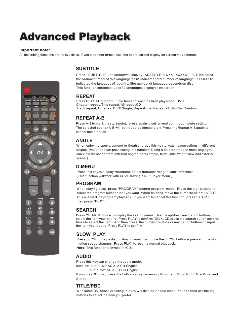 Advanced playback, Subtitle, Repeat | Repeat a-b, Angle, D.menu, Program search, Slow play, Audio title/pbc | haier HLC26 User Manual | Page 36 / 47