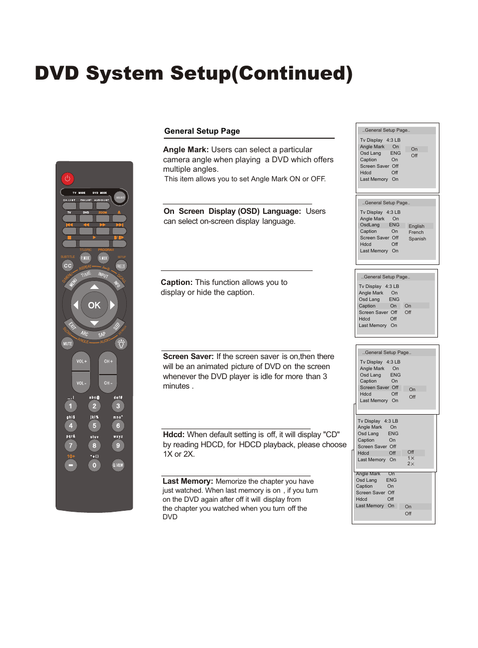 Dvd system setup(continued), This item allows you to set angle mark on or off | haier HLC26 User Manual | Page 39 / 47
