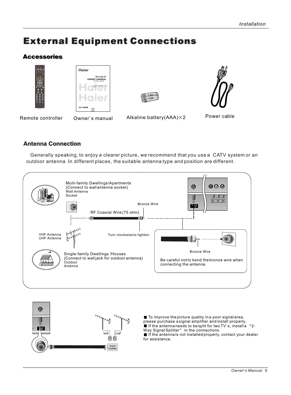 External equipment connections, Antenna connection, Accessories | Installation | haier HLC26 User Manual | Page 9 / 47