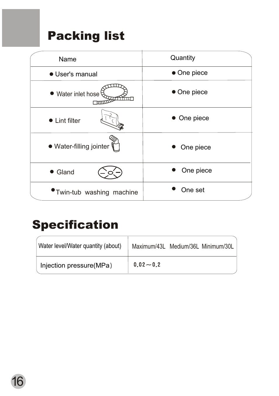 Packing list, Specification | haier XPB50-ASP User Manual | Page 18 / 20