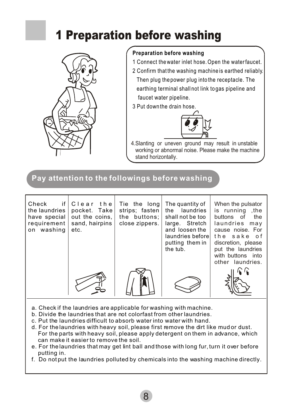 1 preparation before washing | haier HWM80-68B User Manual | Page 10 / 18