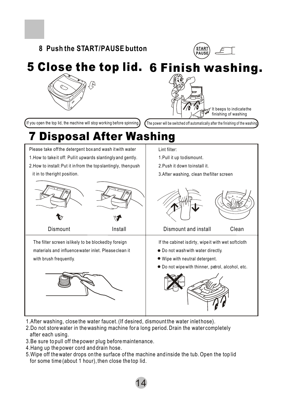 5 close the top lid. 6 finish washing, 7 disposal after washing, 8 push the start/pause button | haier HWM80-68B User Manual | Page 16 / 18
