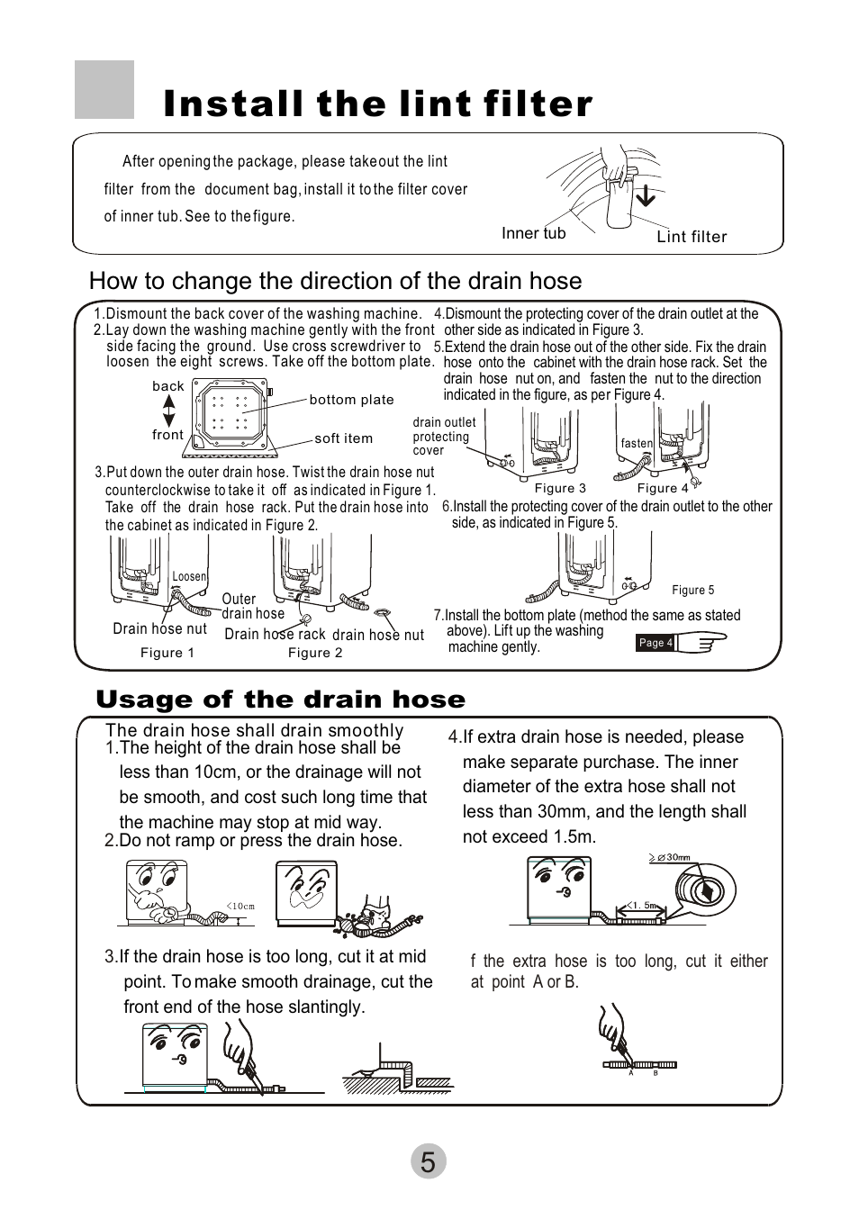 Install the lint filter, How to change the direction of the drain hose, Usage of the drain hose | haier HWM80-68B User Manual | Page 7 / 18