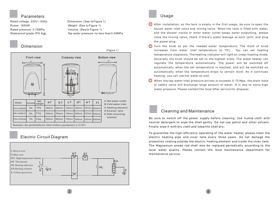 Т³гж 4, 8cleaning and maintenance, Usage | Parameters dimension, Electric circuit diagram | haier FCD-JTSA70-III User Manual | Page 4 / 6