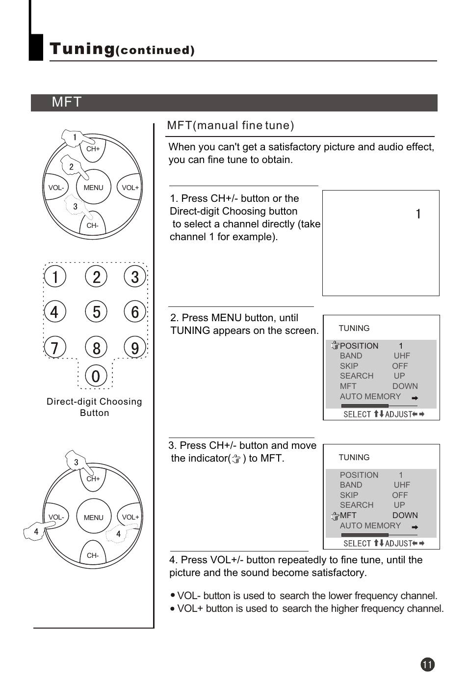 Т³гж 13, Tuning, Continued) | Mft(manual fine tune) | haier HT-3728 User Manual | Page 13 / 32