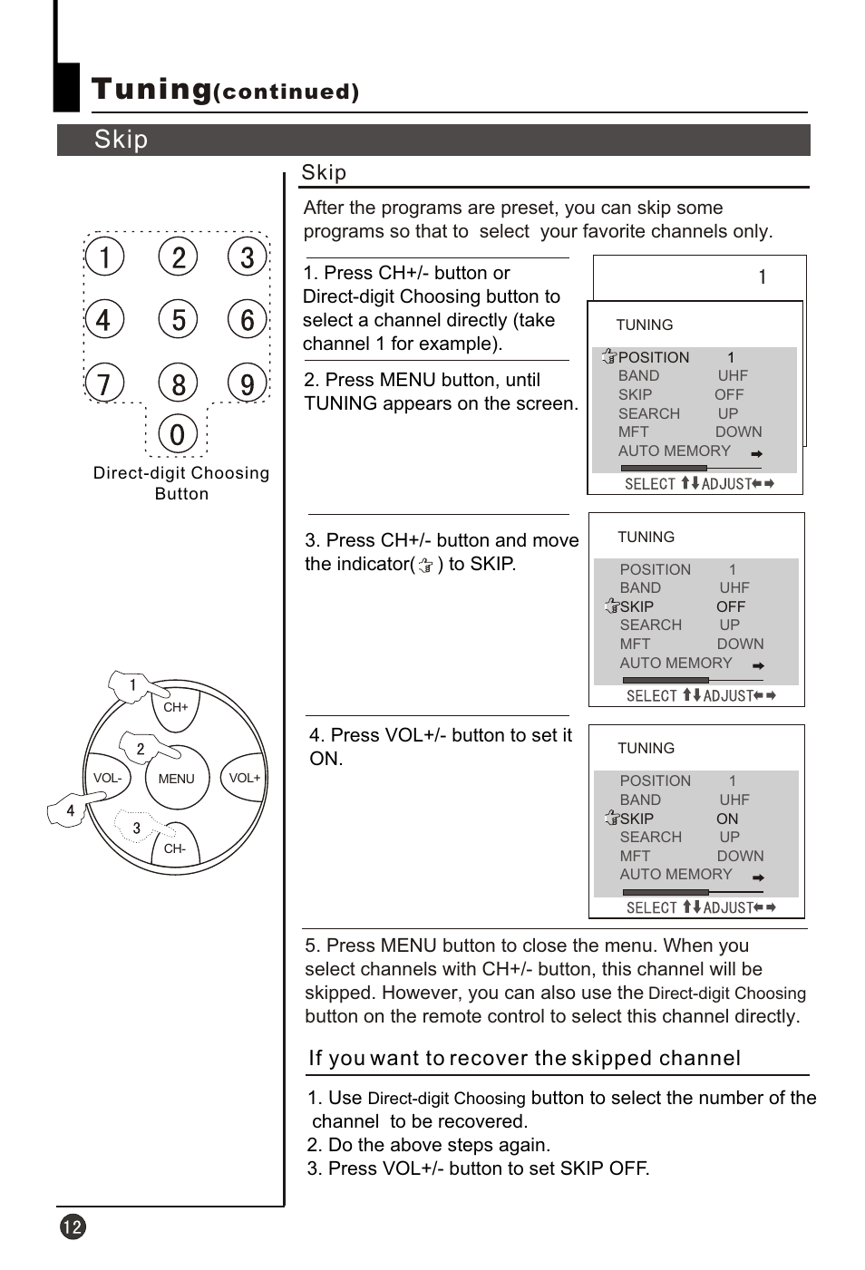 Т³гж 14, Tuning, Skip | Continued), If you want to recover the skipped channel | haier HT-3728 User Manual | Page 14 / 32