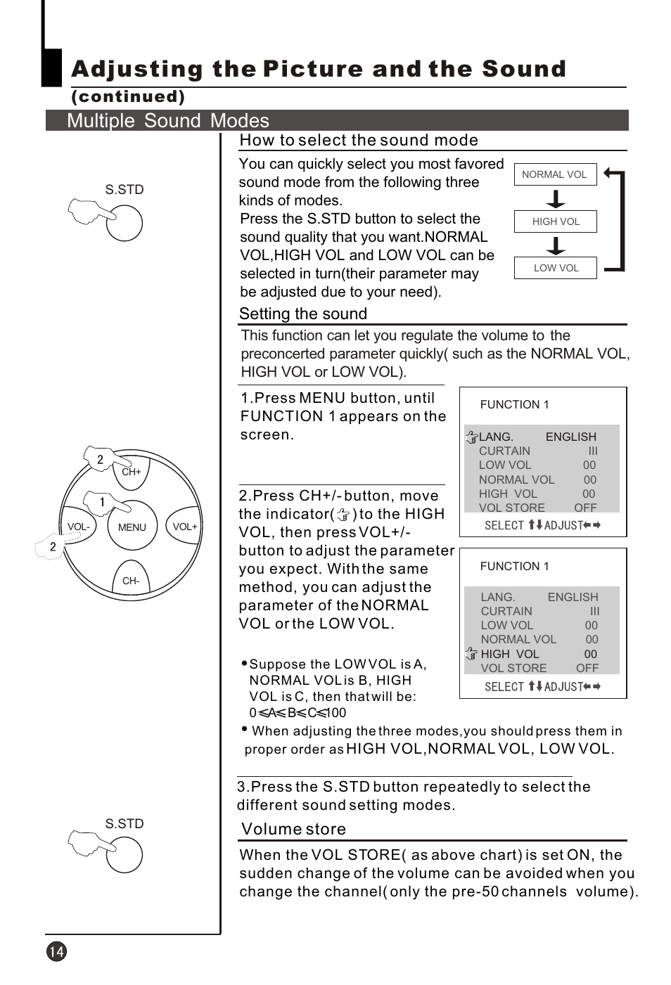 Т³гж 16, Adjusting the picture and the sound, Multiple sound modes | Volume store, Continued), How to select the sound mode, Setting the sound | haier HT-3728 User Manual | Page 16 / 32