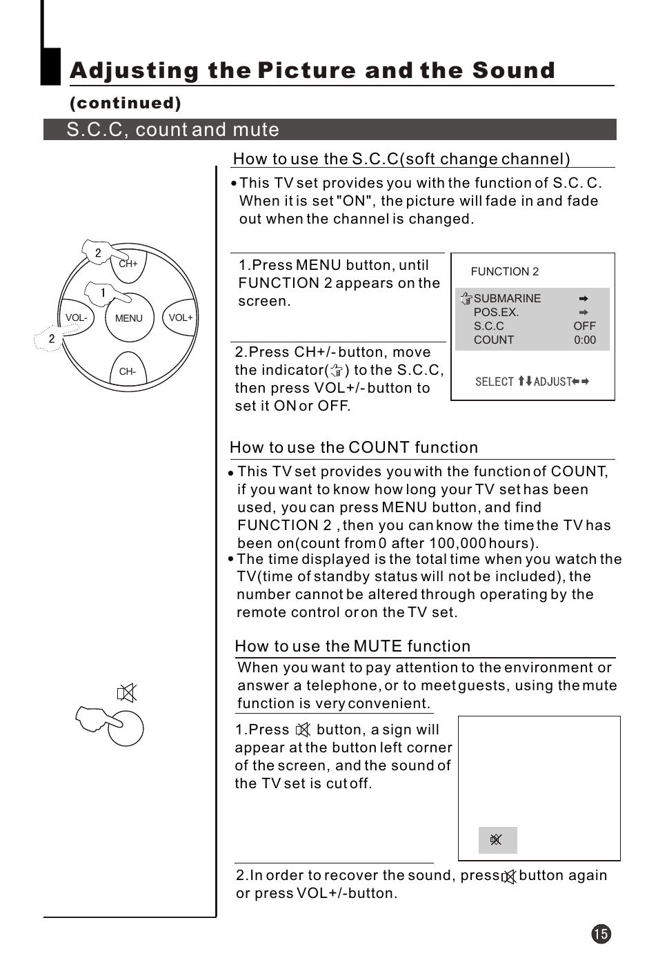 Т³гж 17, Adjusting the picture and the sound, S.c.c, count and mute | haier HT-3728 User Manual | Page 17 / 32