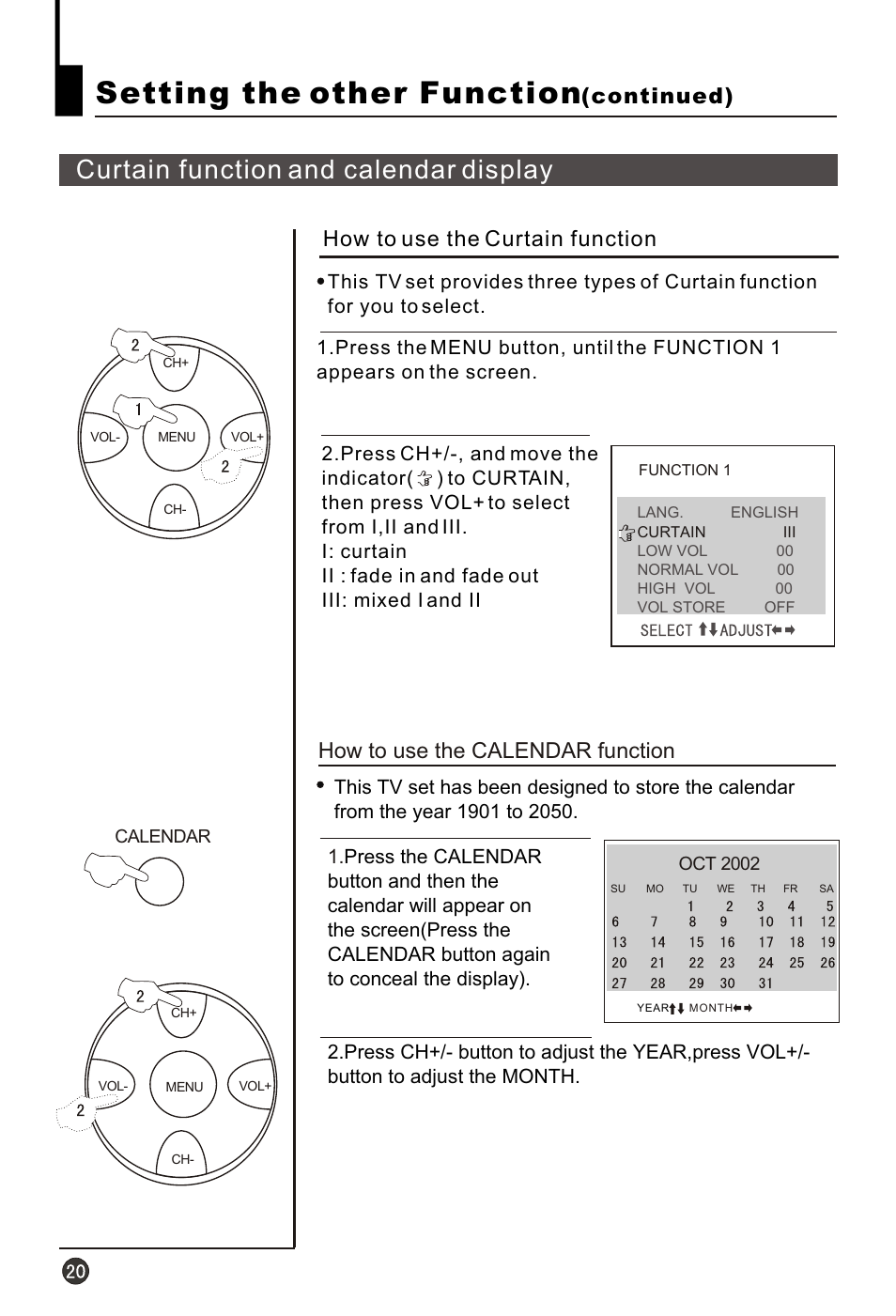 Т³гж 22, Setting the other function, Curtain function and calendar display | How to use the calendar function, How to use the curtain function, Continued) | haier HT-3728 User Manual | Page 22 / 32