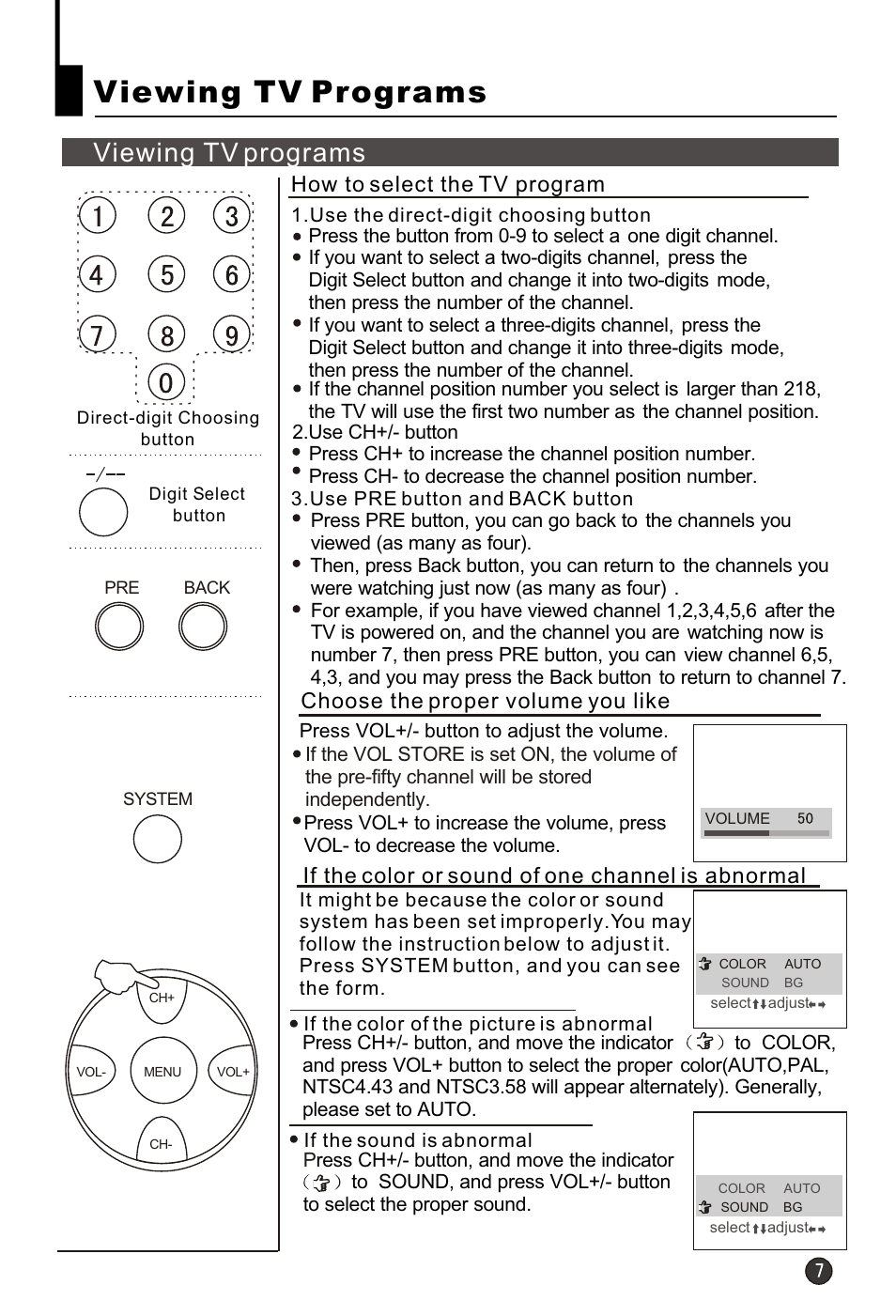 Т³гж 9, Viewing tv programs, How to select the tv program | Choose the proper volume you like, If the color or sound of one channel is abnormal | haier HT-3728 User Manual | Page 9 / 32