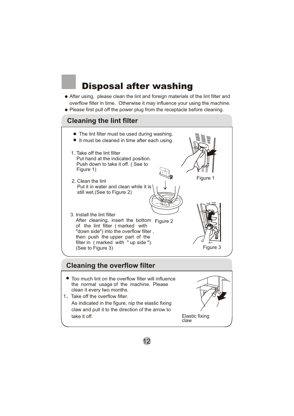 Disposal after washing, Cleaning the overflow filter, Cleaning the lint filter | haier HWM75-276S User Manual | Page 14 / 18