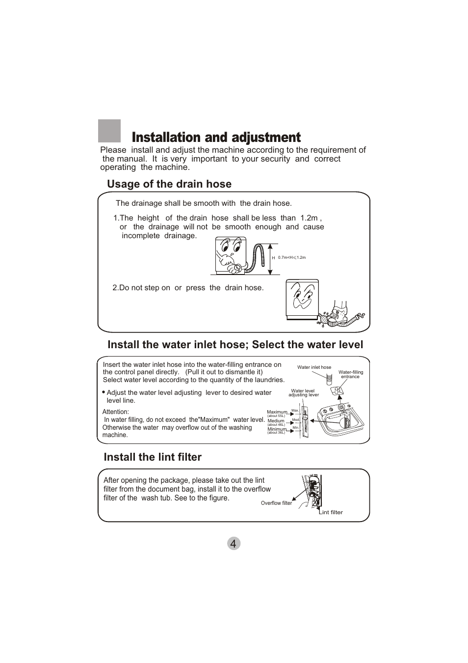 Installation and adjustment, Install the lint filter | haier HWM75-276S User Manual | Page 6 / 18