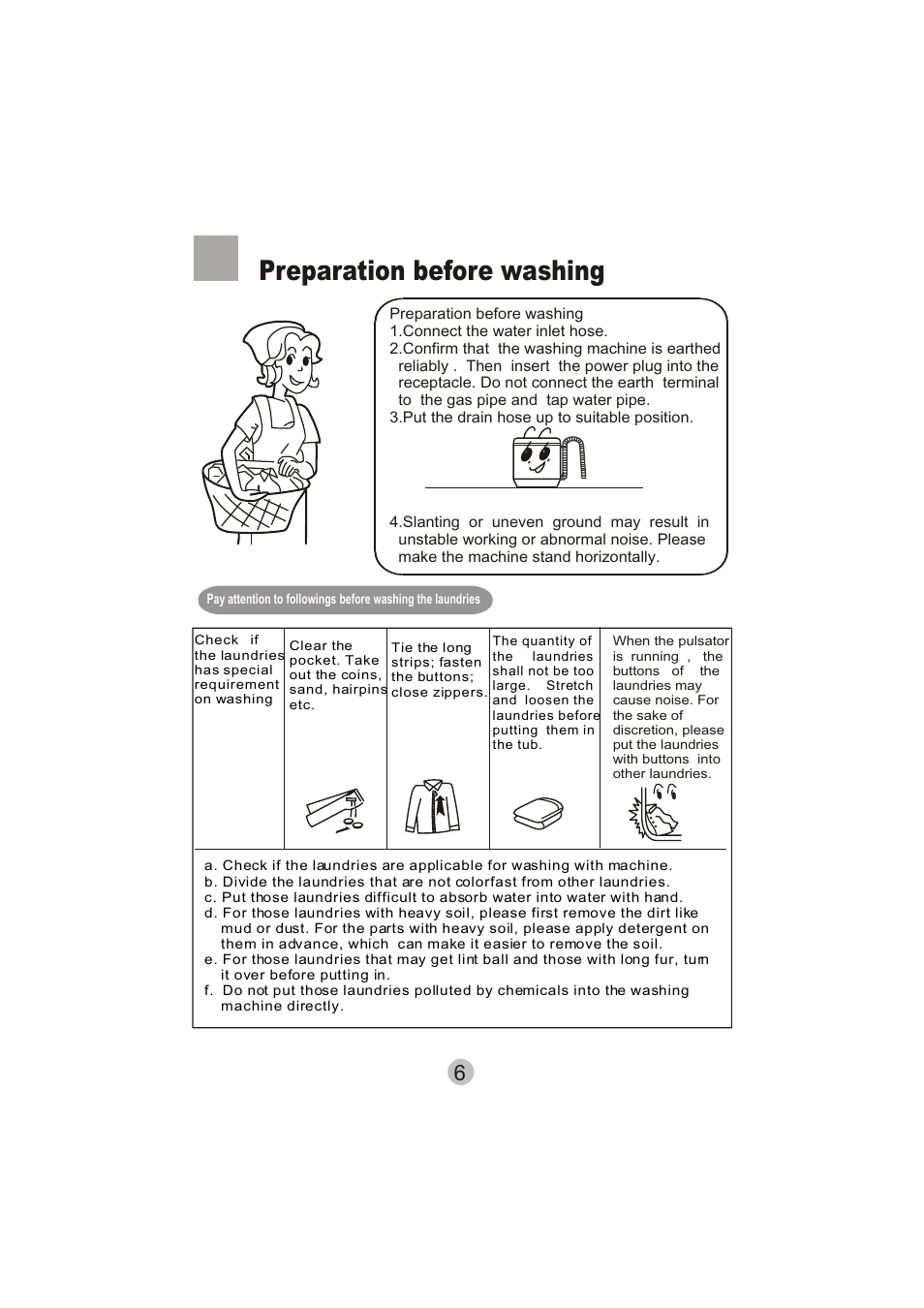 Preparation before washing | haier HWM75-276S User Manual | Page 8 / 18