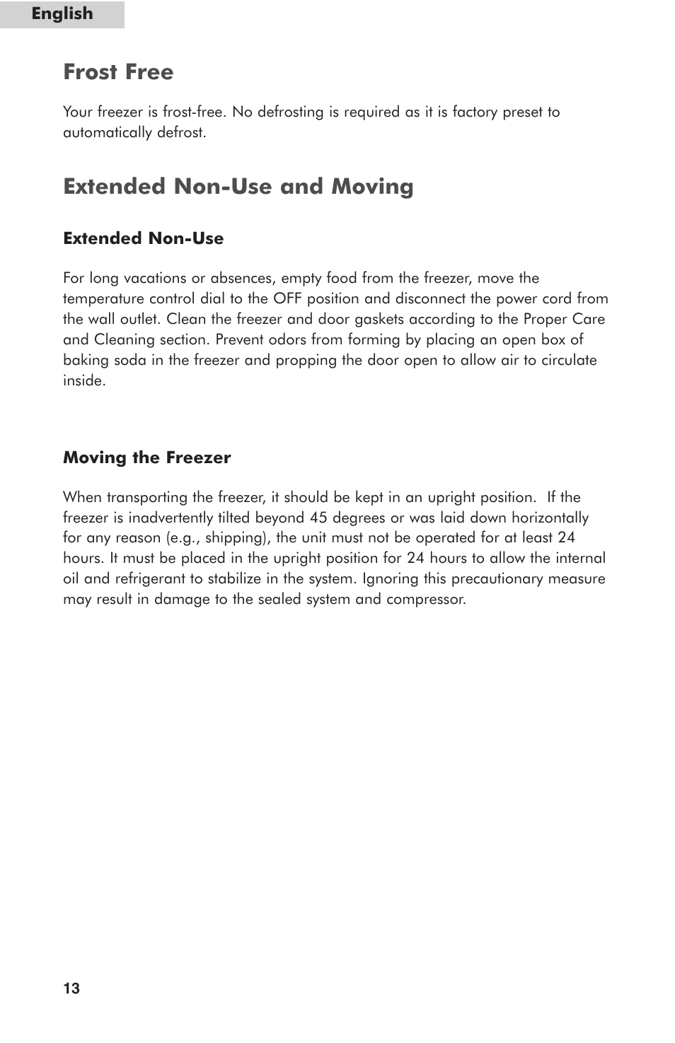 Frost free, Extended non-use and moving | haier HUF138PA User Manual | Page 14 / 17
