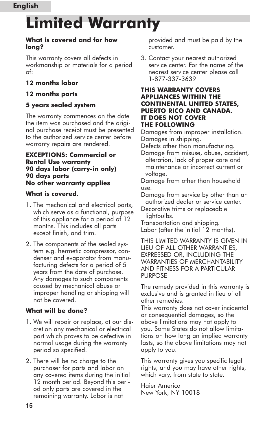 Limited warranty | haier HUF138PA User Manual | Page 16 / 17