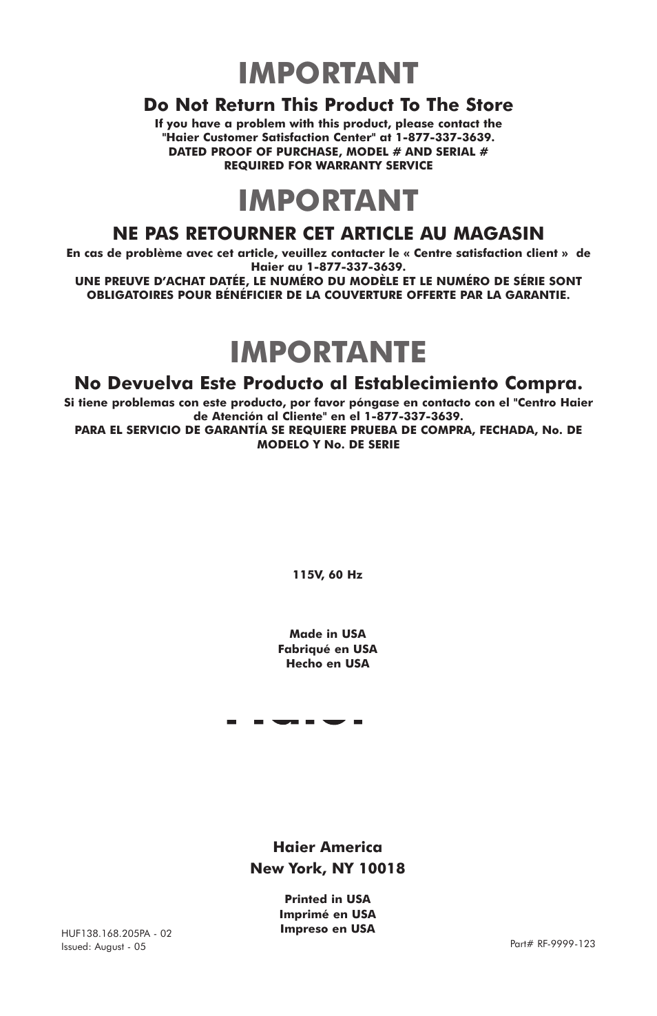 Important, Importante, Do not return this product to the store | Ne pas retourner cet article au magasin | haier HUF138PA User Manual | Page 17 / 17