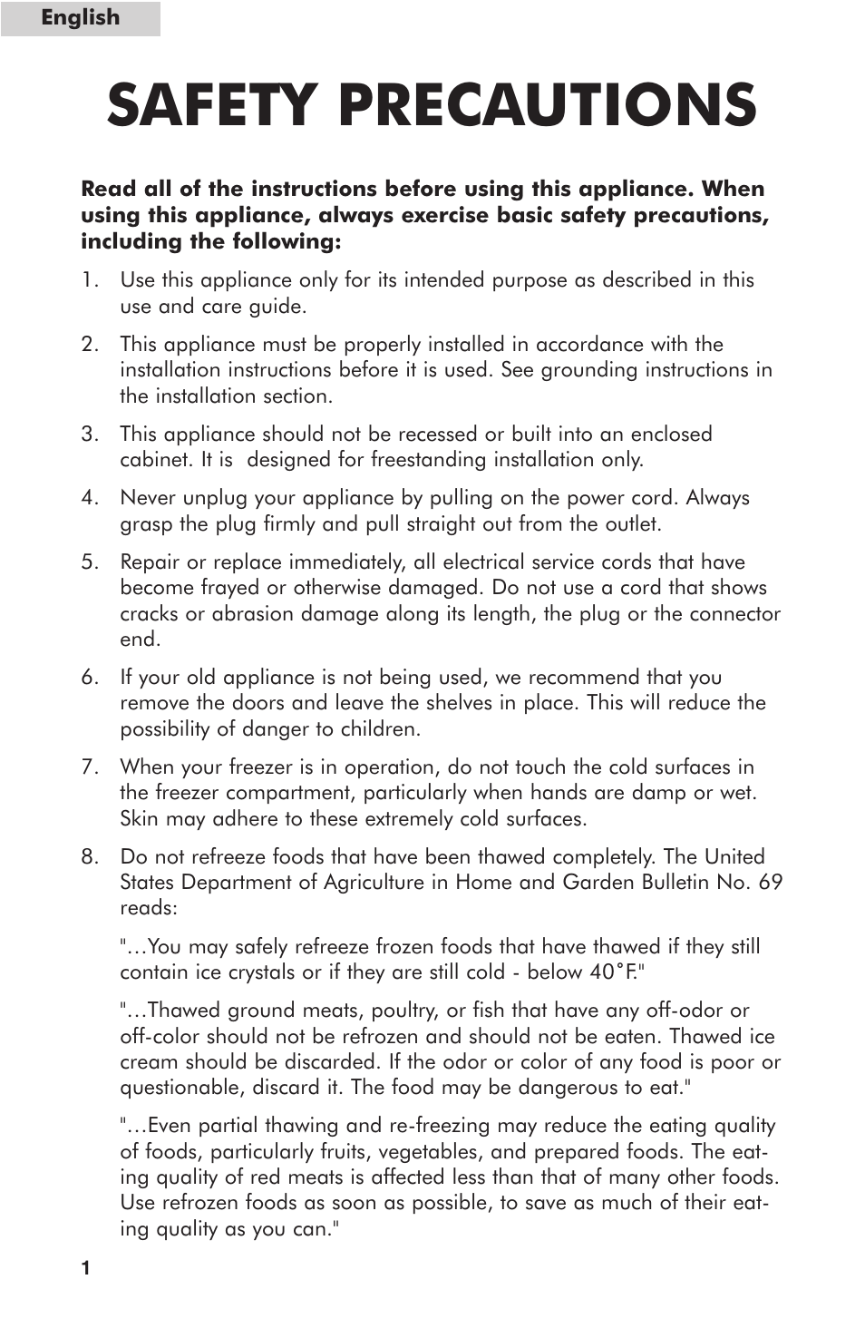 Safety precautions | haier HUF138PA User Manual | Page 2 / 17