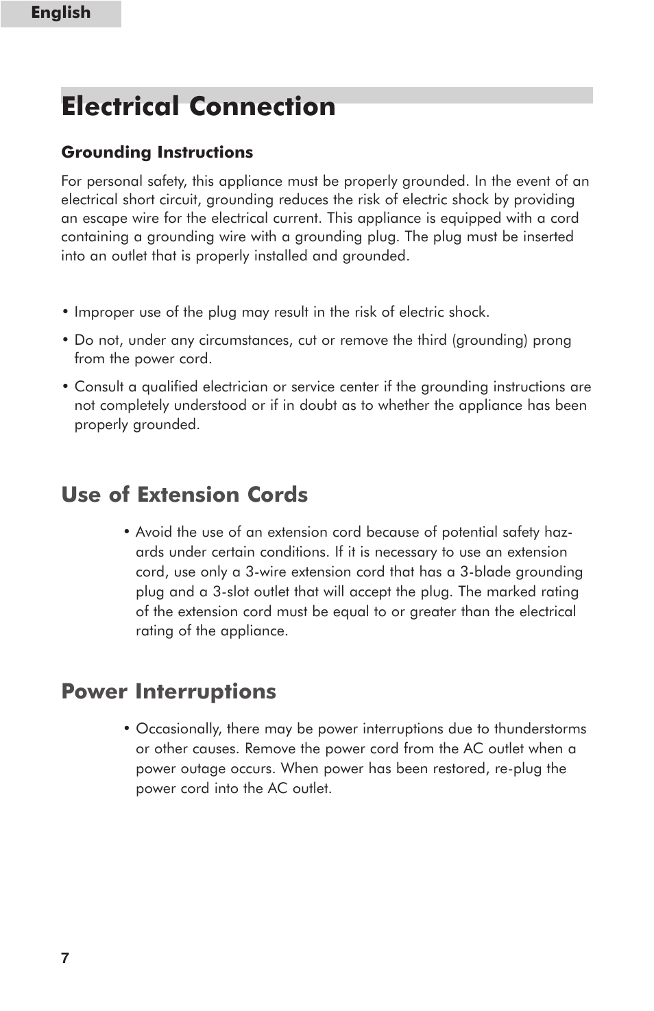Electrical connection, Power interruptions, Use of extension cords | haier HUF138PA User Manual | Page 8 / 17