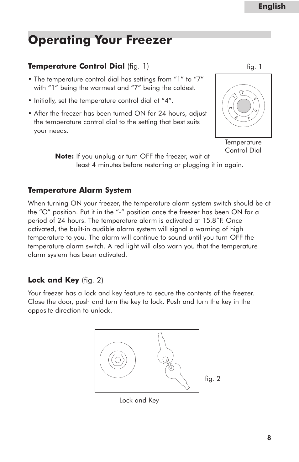 Operating your freezer, English temperature control dial (fig. 1), Temperature alarm system | Lock and key (fig. 2) | haier HUF138PA User Manual | Page 9 / 17