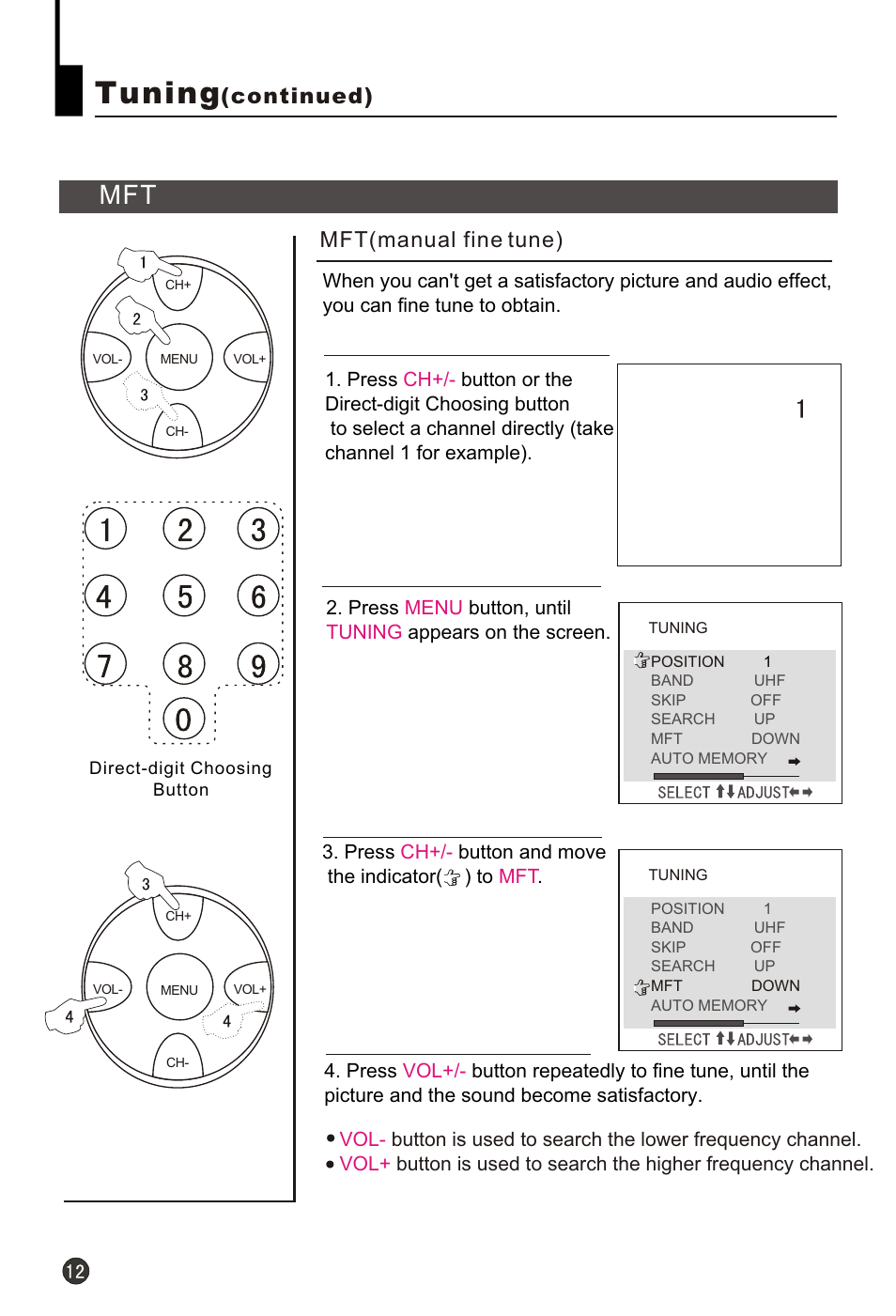 Т³гж 14, Tuning, Continued) | Mft(manual fine tune) | haier HT-3768 User Manual | Page 13 / 30