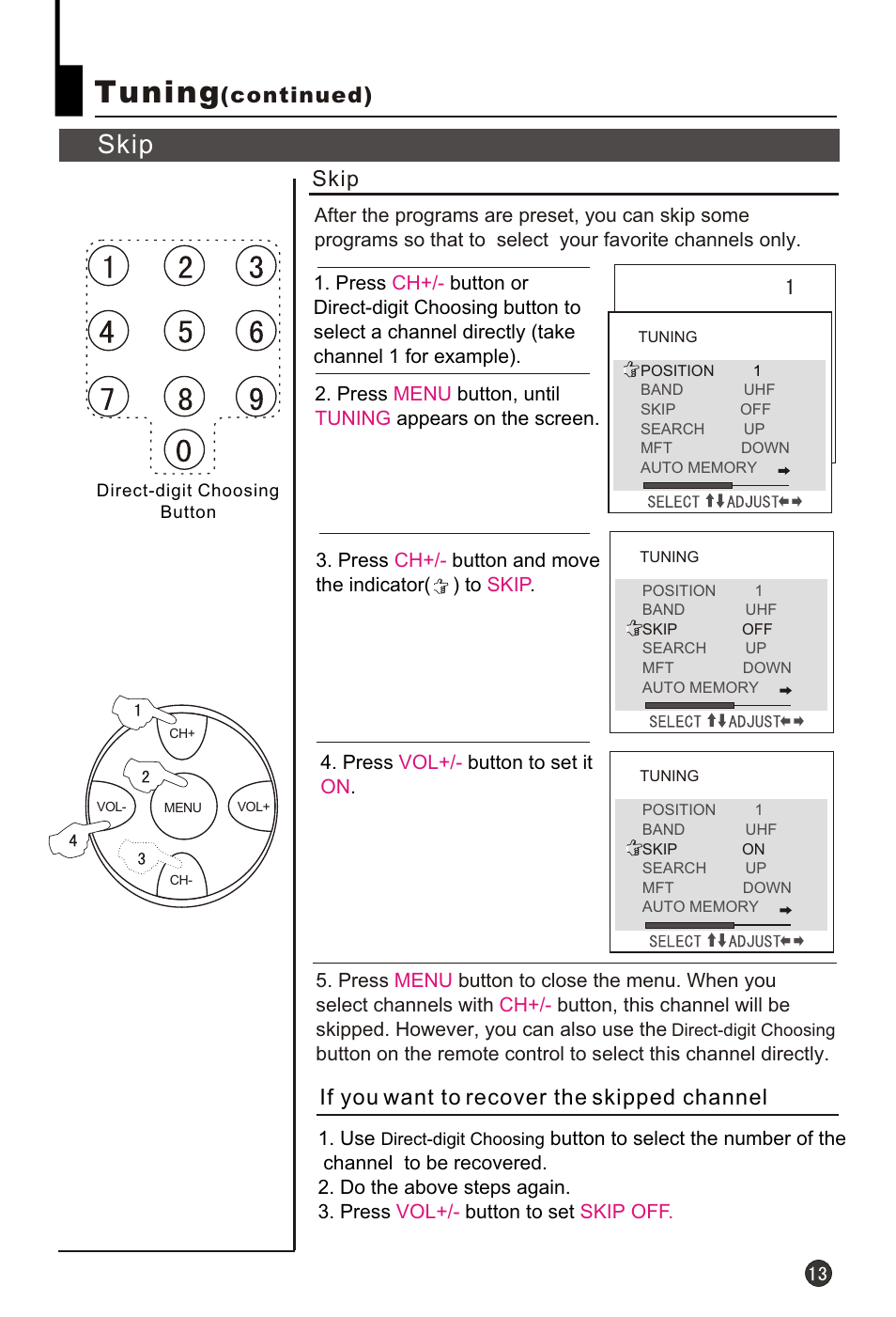 Т³гж 15, Tuning, Skip | Continued), If you want to recover the skipped channel | haier HT-3768 User Manual | Page 14 / 30