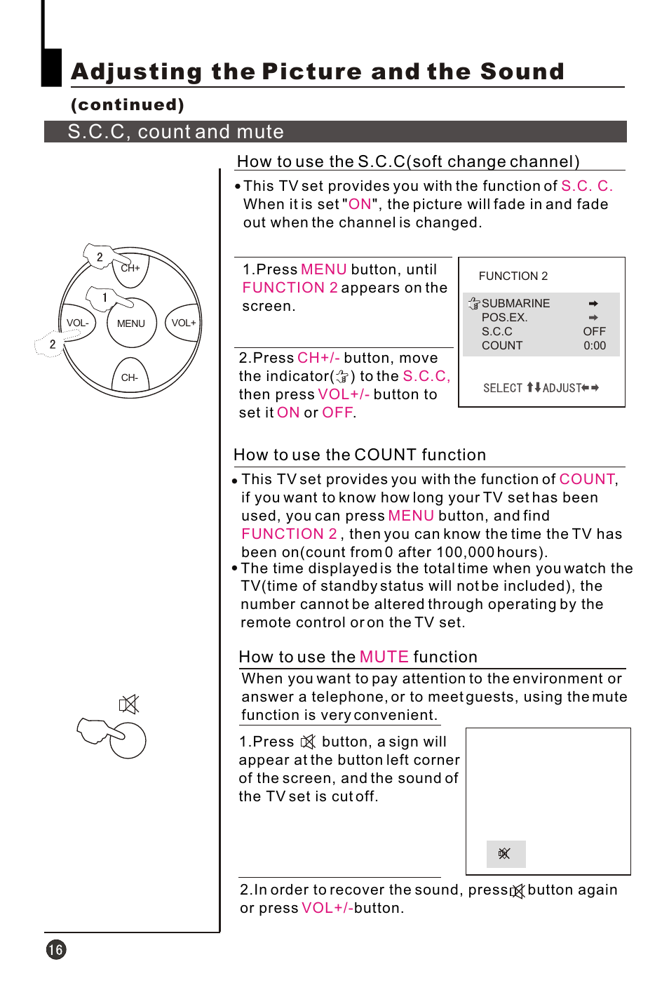 Т³гж 18, Adjusting the picture and the sound, S.c.c, count and mute | haier HT-3768 User Manual | Page 17 / 30