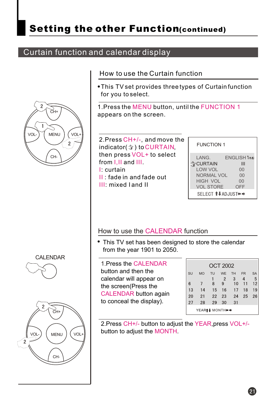 Т³гж 23, Setting the other function, Curtain function and calendar display | How to use the function calendar, Continued), How to use the curtain function | haier HT-3768 User Manual | Page 22 / 30
