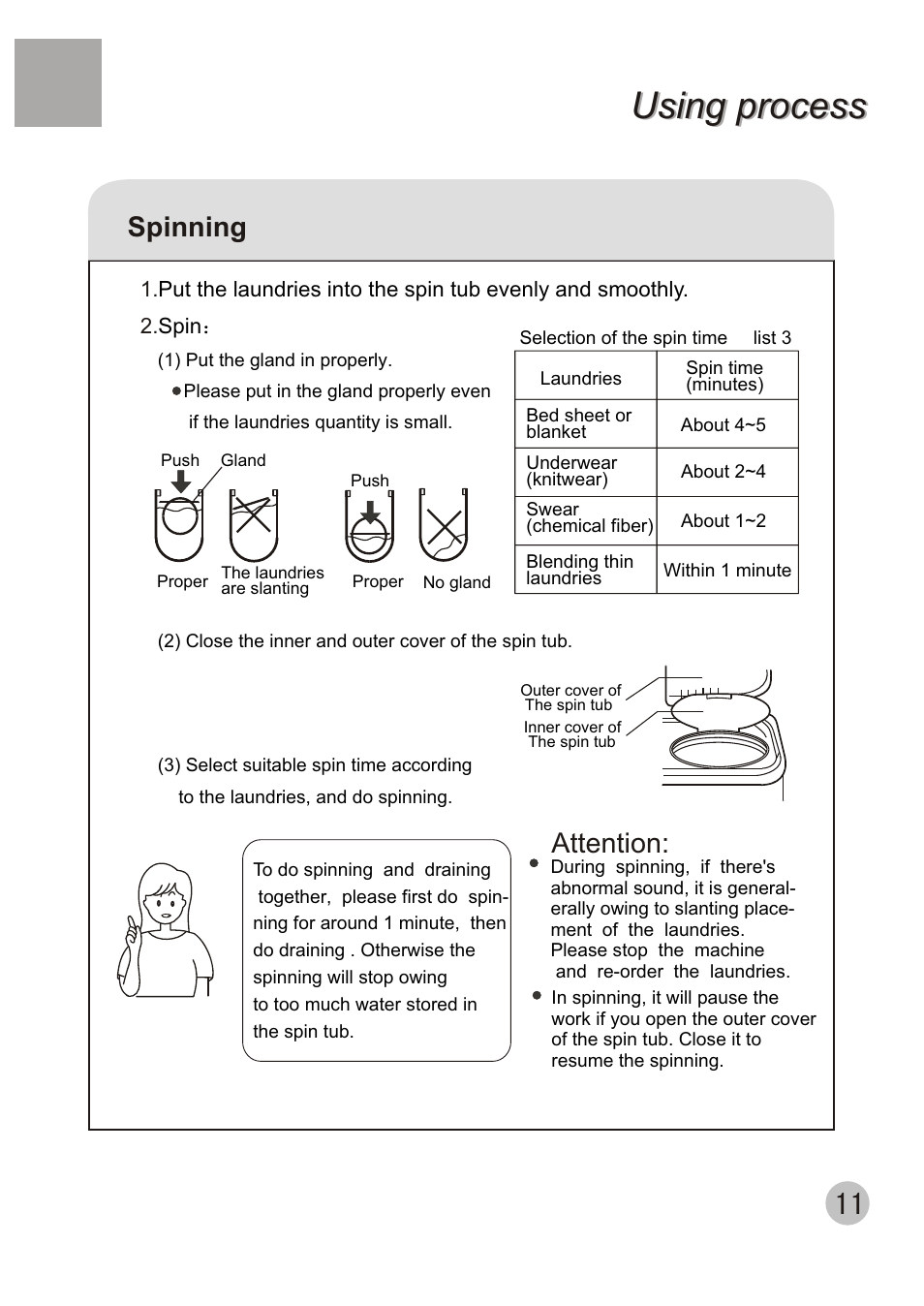 Using process, Spinning, Attention | haier XPB56-23S User Manual | Page 13 / 19