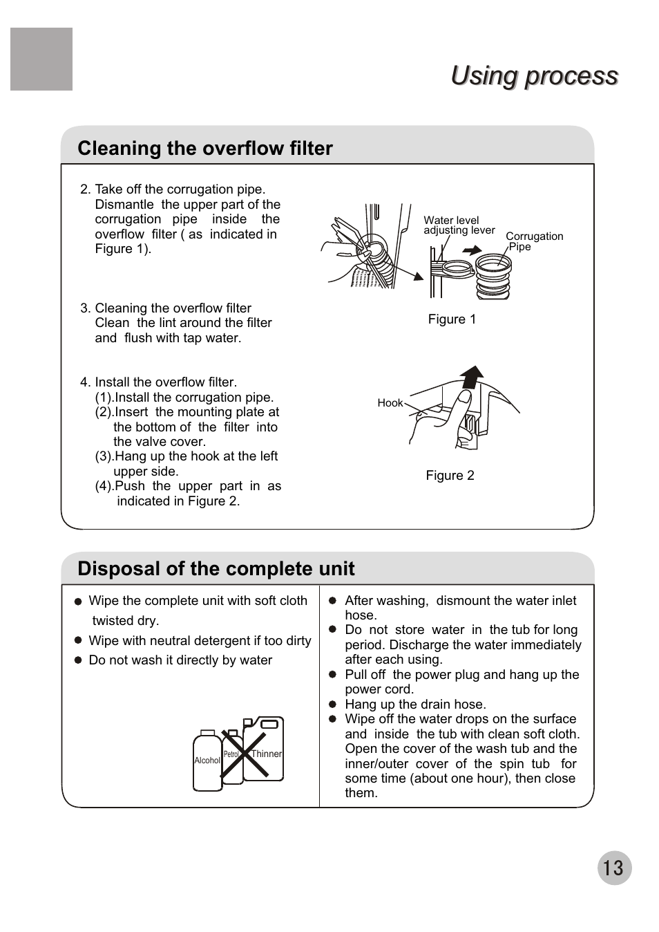Using process, Cleaning the overflow filter, Disposal of the complete unit | haier XPB56-23S User Manual | Page 15 / 19