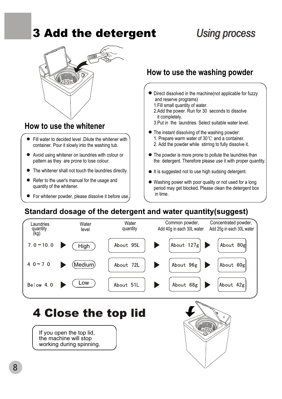 3 add the detergent using process using process, 4 close the top lid, How to use the washing powder | How to use the whitener | haier XQB100-96 User Manual | Page 10 / 16