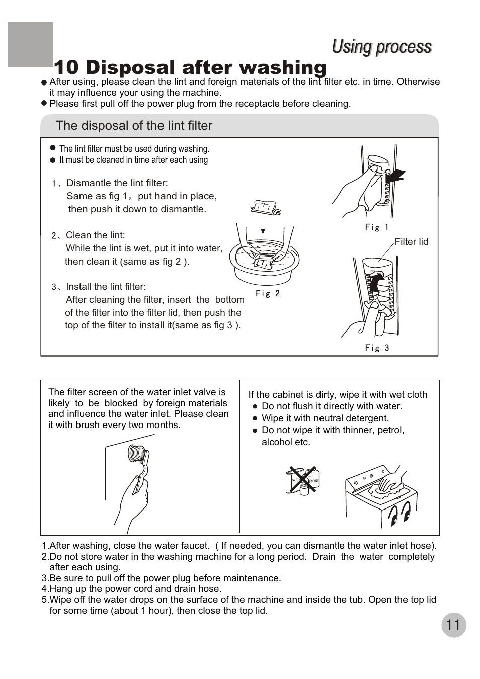 Using process, Using process 10 disposal after washing, The disposal of the lint filter | haier XQB100-96 User Manual | Page 13 / 16