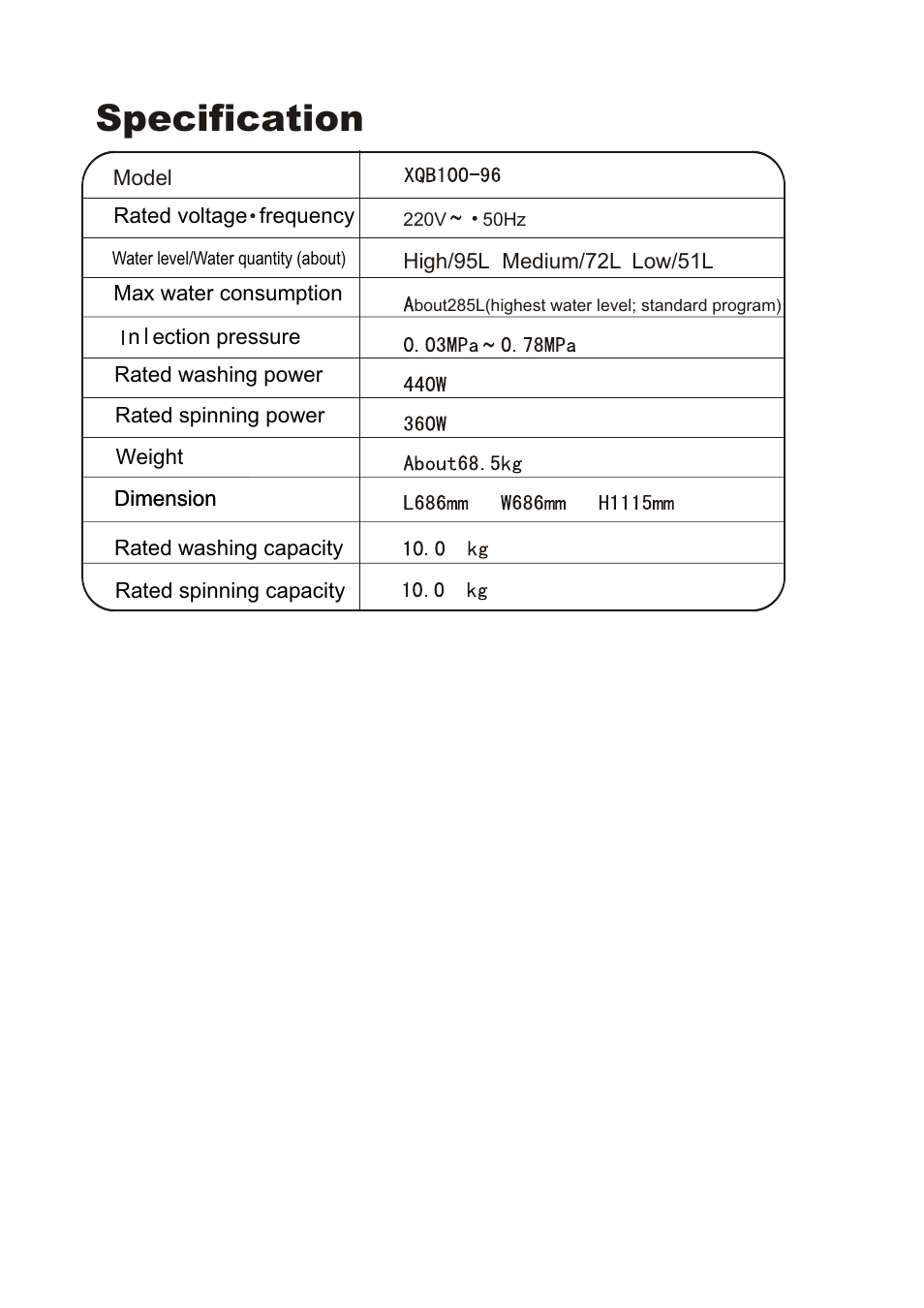 Specification | haier XQB100-96 User Manual | Page 16 / 16
