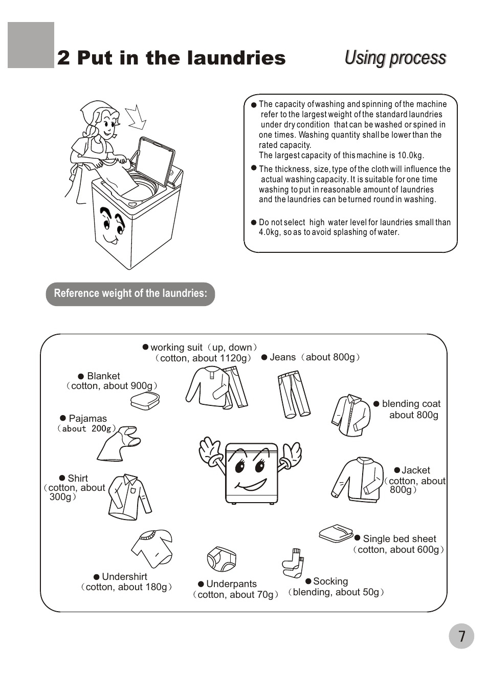 Using process, Using process 2 put in the laundries | haier XQB100-96 User Manual | Page 9 / 16