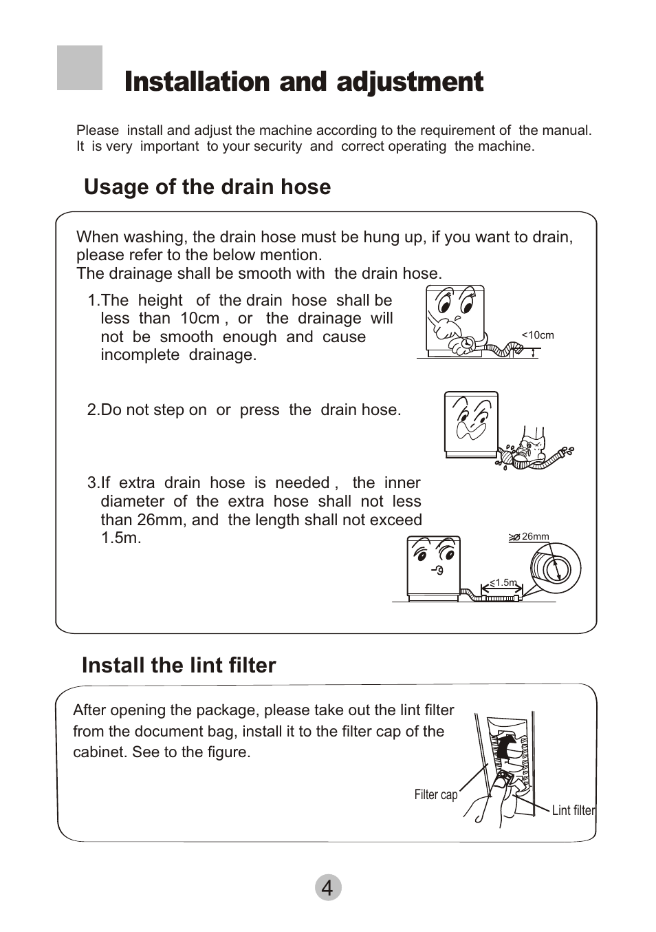 Т³гж 6, Installation and adjustment, Usage of the drain hose | Install the lint filter | haier XPM20-A User Manual | Page 6 / 12