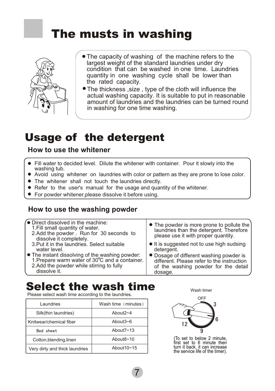 Т³гж 9, The musts in washing, Select the wash time | Usage of the detergent | haier XPM20-A User Manual | Page 9 / 12