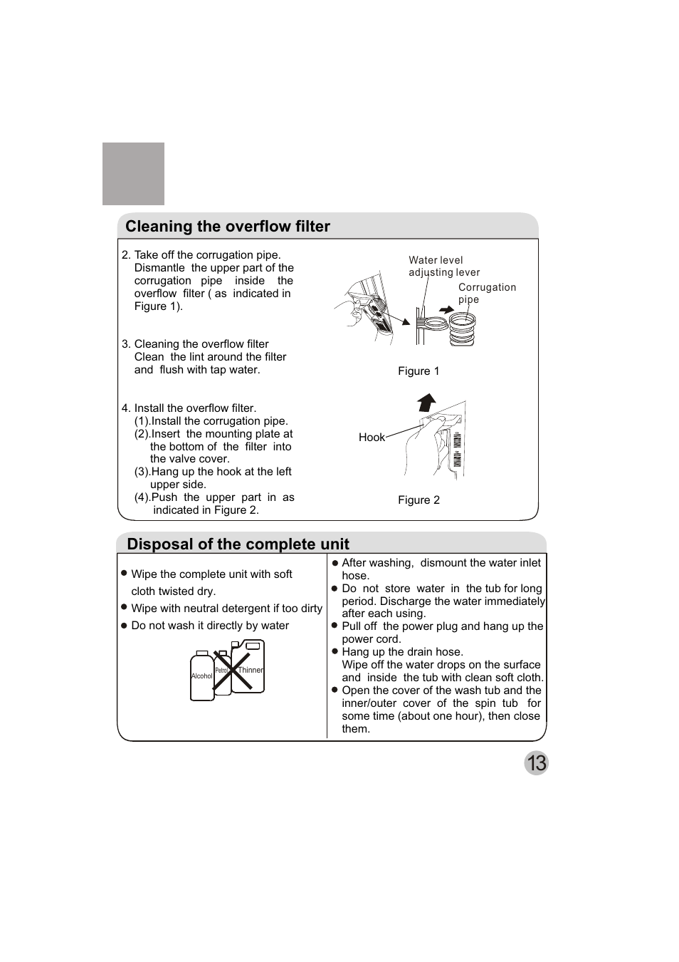Cleaning the overflow filter, Disposal of the complete unit | haier HWM150-0523S User Manual | Page 15 / 18