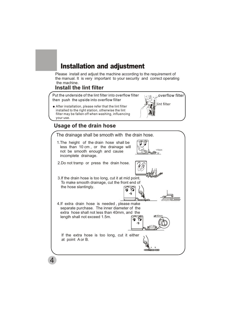 Installation and adjustment, Install the lint filter, Usage of the drain hose | haier HWM150-0523S User Manual | Page 6 / 18