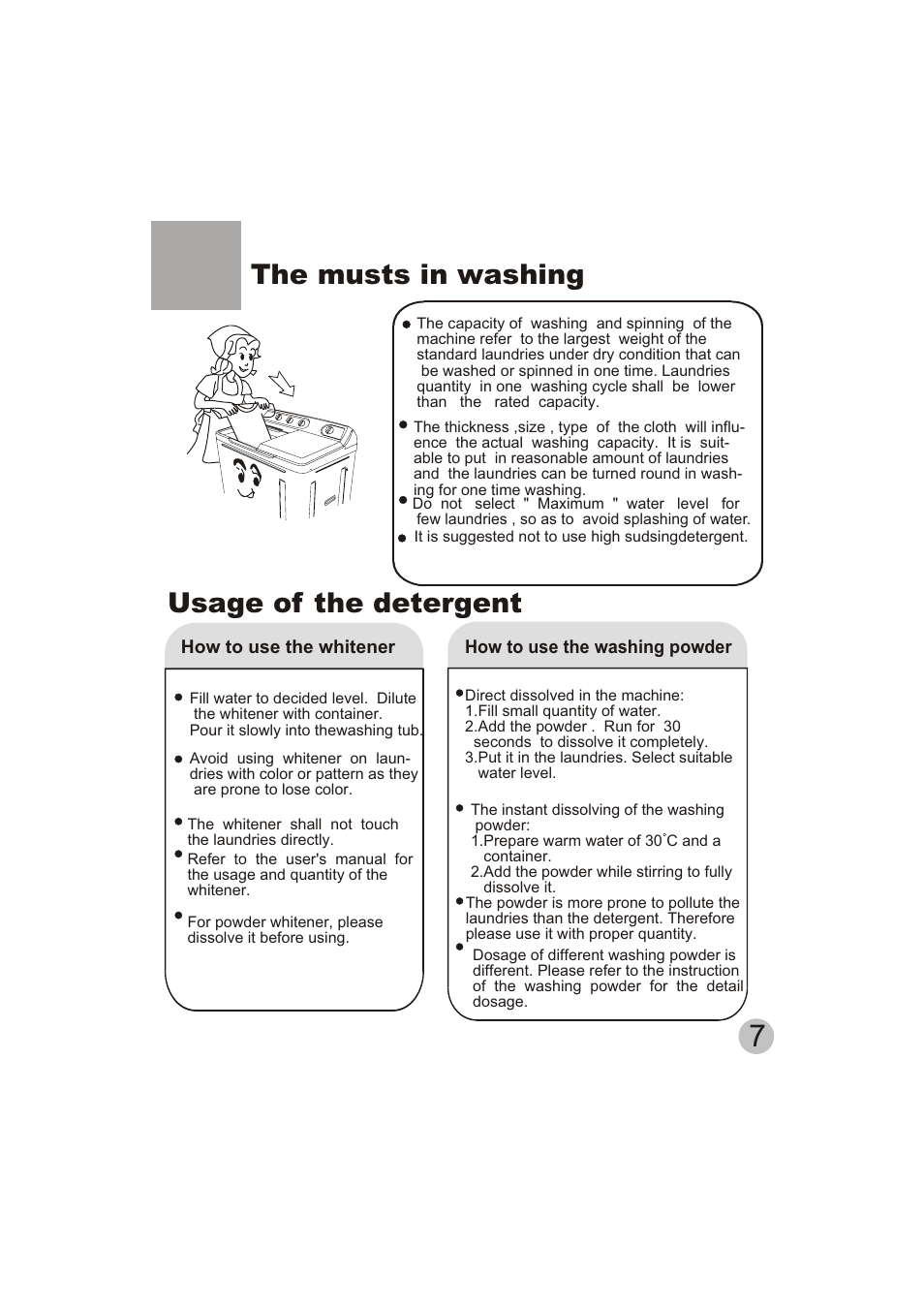 The musts in washing, Usage of the detergent | haier HWM150-0523S User Manual | Page 9 / 18