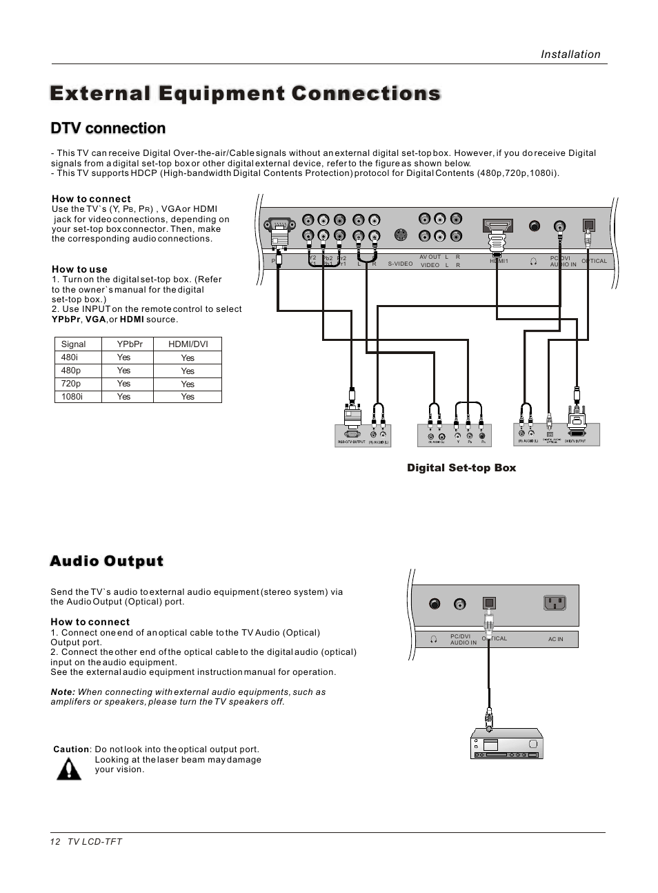 External equipment connections, Dtv connection, Audio output | Installation, Digital set-top box | haier HL26B User Manual | Page 12 / 45