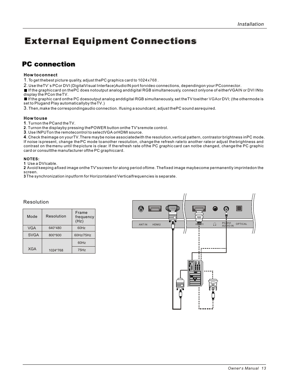 External equipment connections, Pc connection, Resolution | Installation | haier HL26B User Manual | Page 13 / 45